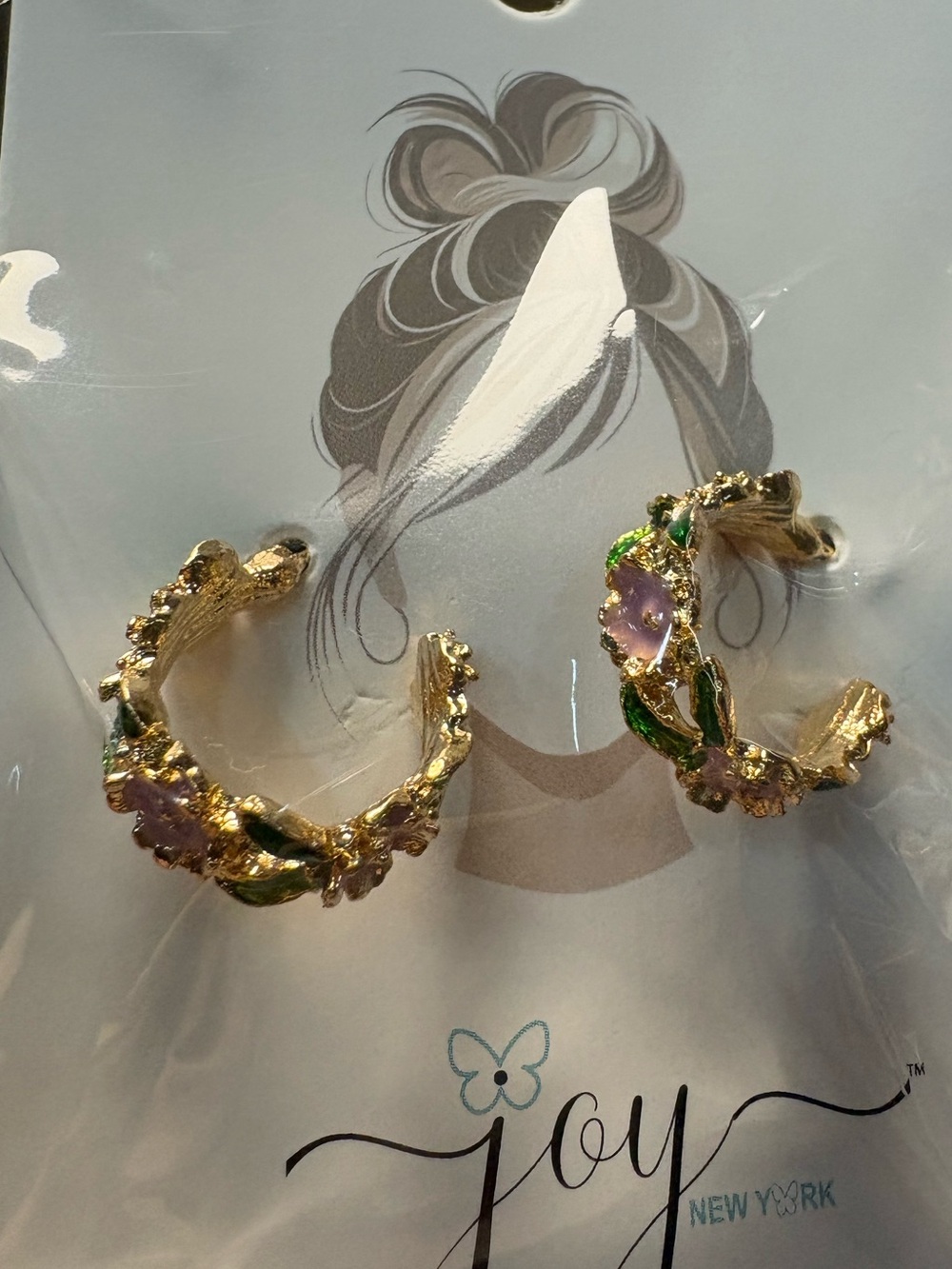 Joy New York Floral Hoop Earrings NWT Gold Tone Pink Green Enamel Flower